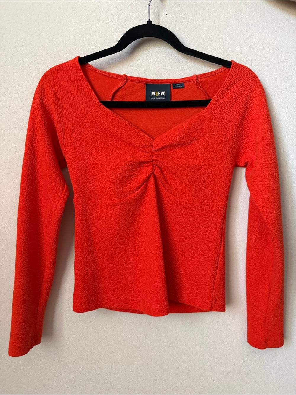 Maeve Red Ruched V-Neck Long Sleeve Top